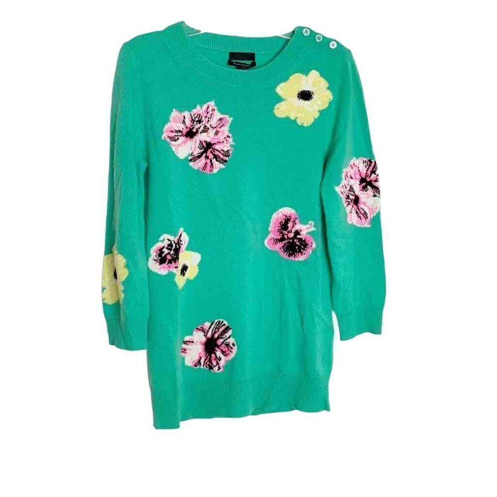 J. Crew Collection Italian Cashmere Green Floral Button Neck Sweater Women’s XS